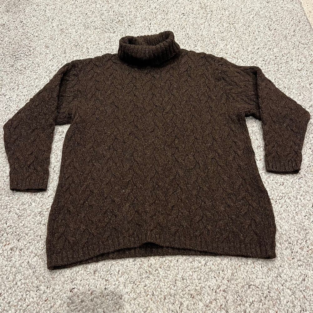 LL Bean Cable Knit Turtleneck Sweater XL Lambswool Silk Brown Classic Fisherman
